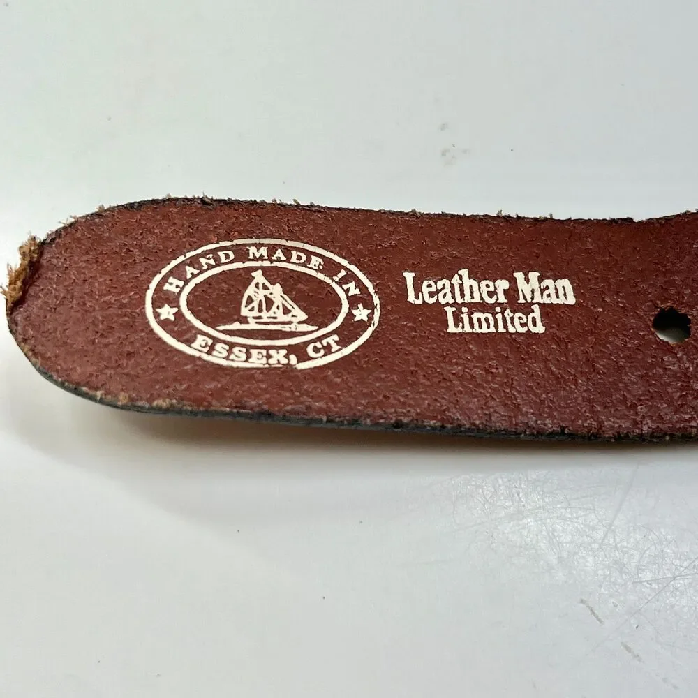 Vtg Leather Man Ltd Mens Trout Redfish Blue Ribbon Brown Leather Belt Size 36 M